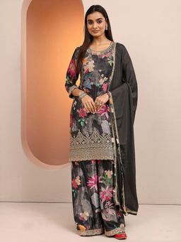 Libas - Black Chinon Floral Kurta With Palazzo & Dupatta