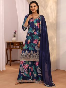 Libas - Blue Chinon Floral Kurta With Palazzo & Dupatta