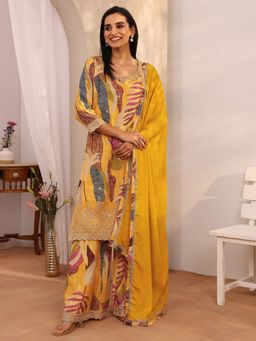 Libas - Mustard Chinon Printed Kurta With Palazzo & Dupatta