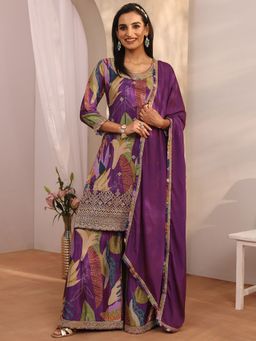 Libas - Purple Chinon Printed Kurta With Palazzo & Dupatta