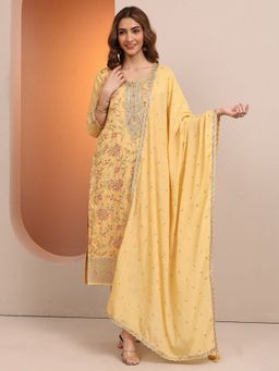 Libas - Yellow Silk Blend Floral Kurta With Pant & Dupatta