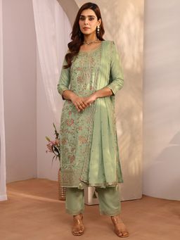 Libas - Green Silk Blend Floral Kurta With Pant & Dupatta