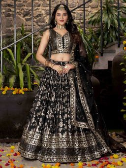 Pink Ethnic - Black Jacquard Embroidered Semi-Stitched Lehenga With Unstitched Blouse & Dupatta