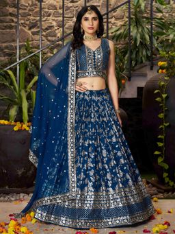 Pink Ethnic - Blue Jacquard Embroidered Semi-Stitched Lehenga With Unstitched Blouse & Dupatta
