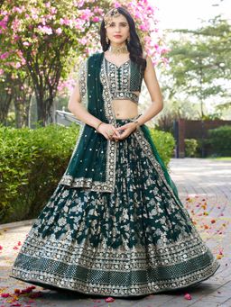 Pink Ethnic - Green Jacquard Embroidered Semi-Stitched Lehenga With Unstitched Blouse & Dupatta