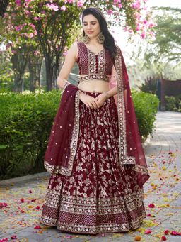 Pink Ethnic - Maroon Jacquard Embroidered Semi-Stitched Lehenga With Unstitched Blouse & Dupatta