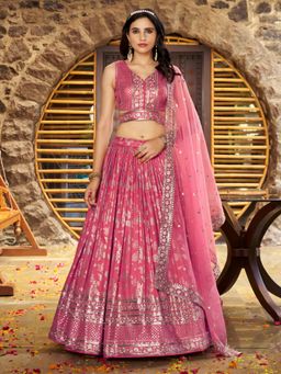 Pink Ethnic - Peach Jacquard Embroidered Semi-Stitched Lehenga With Unstitched Blouse & Dupatta