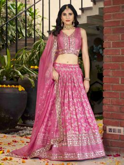 Pink Ethnic - Pink Jacquard Embroidered Semi-Stitched Lehenga With Unstitched Blouse & Dupatta