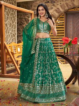Pink Ethnic - Green Jacquard Embroidered Semi-Stitched Lehenga With Unstitched Blouse & Dupatta