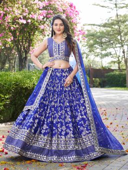 Pink Ethnic - Blue Jacquard Embroidered Semi-Stitched Lehenga With Unstitched Blouse & Dupatta