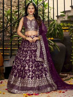 Pink Ethnic - Wine Jacquard Embroidered Semi-Stitched Lehenga With Unstitched Blouse & Dupatta