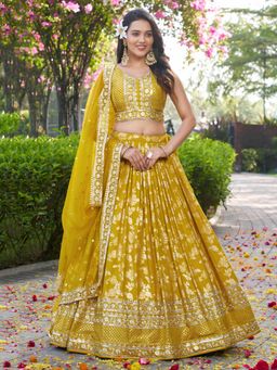 Pink Ethnic - Yellow Jacquard Embroidered Semi-Stitched Lehenga With Unstitched Blouse & Dupatta