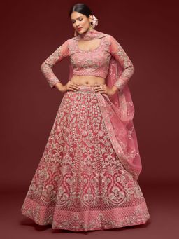 Pink Ethnic - Net Embroidered Semi-Stitched Lehenga With Unstitched Blouse & Dupatta