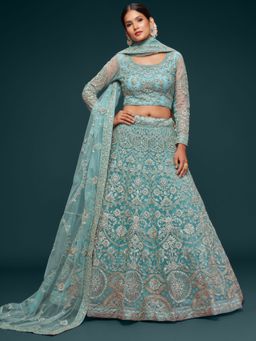 Pink Ethnic - Turquoise Net Embroidered Semi-Stitched Lehenga With Unstitched Blouse & Dupatta