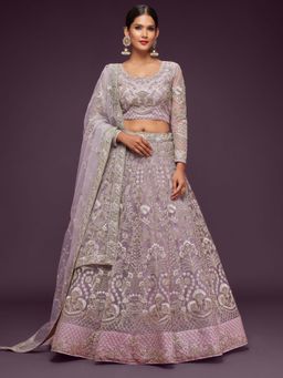Pink Ethnic - Mauve Net Embroidered Semi-Stitched Lehenga With Unstitched Blouse & Dupatta