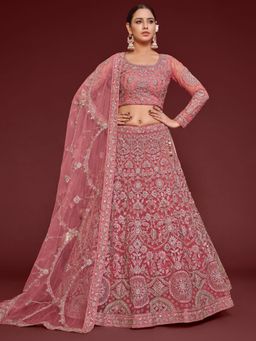 Pink Ethnic - Pink Net Embroidered Semi-Stitched Lehenga With Unstitched Blouse & Dupatta