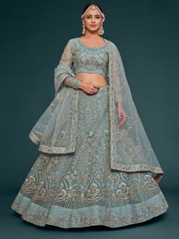 Pink Ethnic - Turquoise Net Embroidered Semi-Stitched Lehenga With Unstitched Blouse & Dupatta