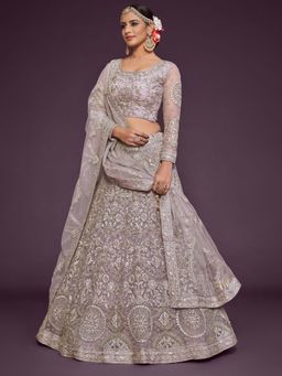 Pink Ethnic - Lavender Net Embroidered Semi-Stitched Lehenga With Unstitched Blouse & Dupatta