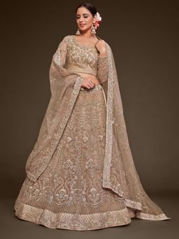 Pink Ethnic - Beige Net Embroidered Semi-Stitched Lehenga With Unstitched Blouse & Dupatta