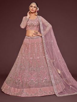 Pink Ethnic - Pink Net Embroidered Semi-Stitched Lehenga With Unstitched Blouse & Dupatta
