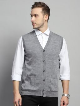 Monte Carlo - Men Grey Sleeveless V Neck Cardigan