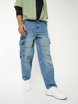 max - Men Blue Washed Comfort Fit Cargo Jeans