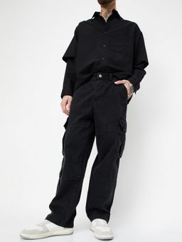 max - Men Black Washed Loose Fit Cargo Jeans