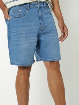 max - Men Blue Solid Washed Denim Shorts