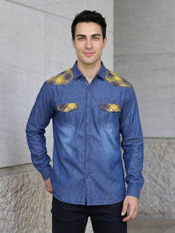 KUONS AVENUE - Yellow Checkered Denim Casual Shirt