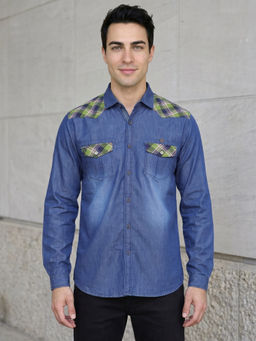 KUONS AVENUE - Green Checkered Denim Casual Shirt
