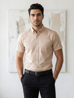 KUONS AVENUE - Men’s Beige Oxford Cotton Formal Shirt