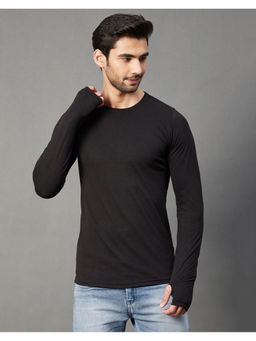 RIGO - Men Round Neck Solid Thumbhole Regular Fit Black T-Shirt