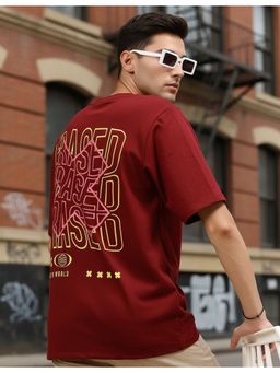 RIGO - Men Printed Maroon Drop Shoulder Oversized T-Shirt