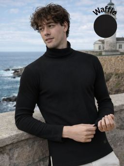 RIGO - Men Solid Turtle Neck Regular Fit Black T-Shirt
