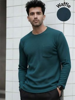 RIGO - Men Textured Round Neck Regular Fit Teal T-Shirt