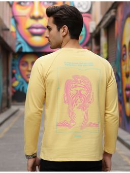 RIGO - Men Printed Yellow Round Neck Drop Shoulder Oversized T-Shirt