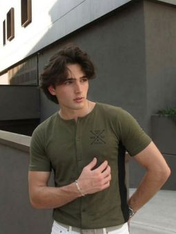 RIGO - Men Solid Henley Neck Cotton Dark Green T-Shirt