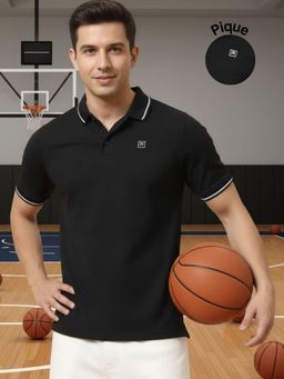 RIGO - Men Solid Polo Neck Cotton Black T-Shirt