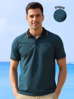 RIGO - Men Solid Polo Neck Cotton Blue T-Shirt