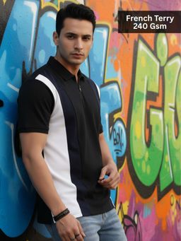 RIGO - Men Colorblock Polo Neck Cotton Black T-Shirt