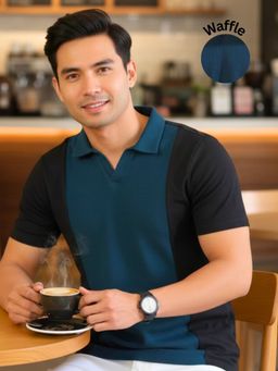 RIGO - Men Colorblock Polo Neck Cotton Black T-Shirt
