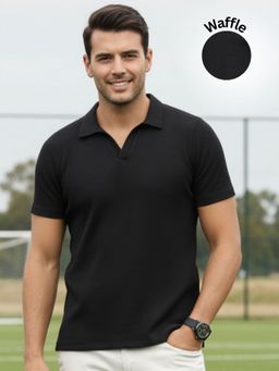 RIGO - Men Black Solid Waffle Polo T-Shirt