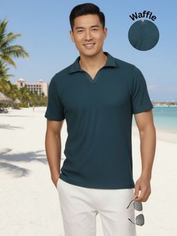 RIGO - Men Teal Solid Waffle Polo T-Shirt