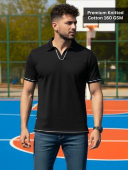 RIGO - Men Solid Polo Neck Cotton Black T-Shirt
