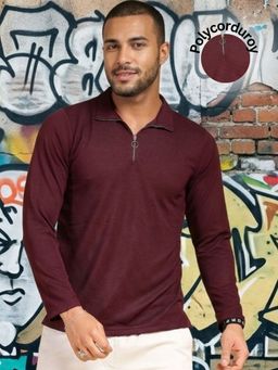 RIGO - Men Wine Textured Full Sleeves High Zipper Neck Polo T-Shirt