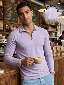 RIGO - Men Purple Textured Full Sleeves High Zipper Neck Polo T-Shirt