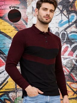 RIGO - Men Maroon Colorblock Full Sleeves Collar Neck Polo T-Shirt
