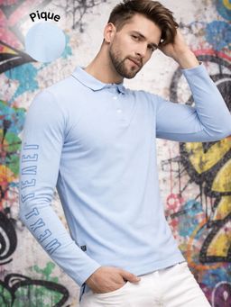 RIGO - Men Light Blue Printed Full Sleeves Polo Neck T-Shirt