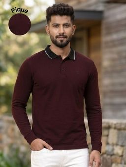 RIGO - Men Wine Solid Full Sleeves Polo Neck T-Shirt