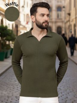 RIGO - Men Textured Full Sleeves Casual Polo Olive Green T-Shirt